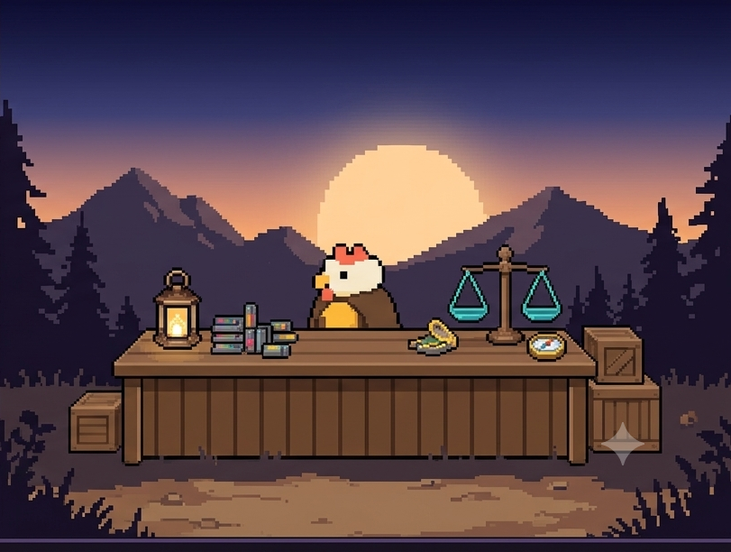 Barnaby Brasscomb behind the Dawn Stall counter, mountains and pines at dusk
